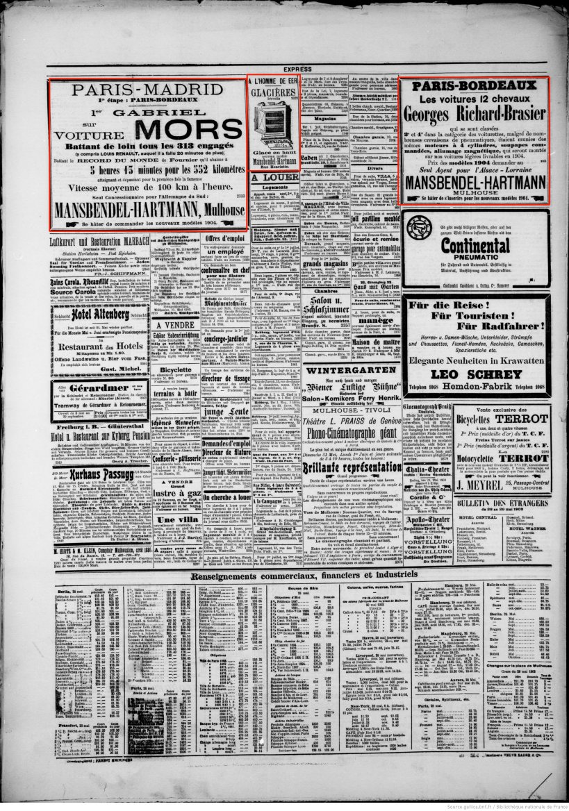 Journal L'Express de Mulhouse du 29 mai 1903 (p.4) : glacières, voiture Mors, voitures 12 chevaux Georges Richard-Brasier (modèles 1904).